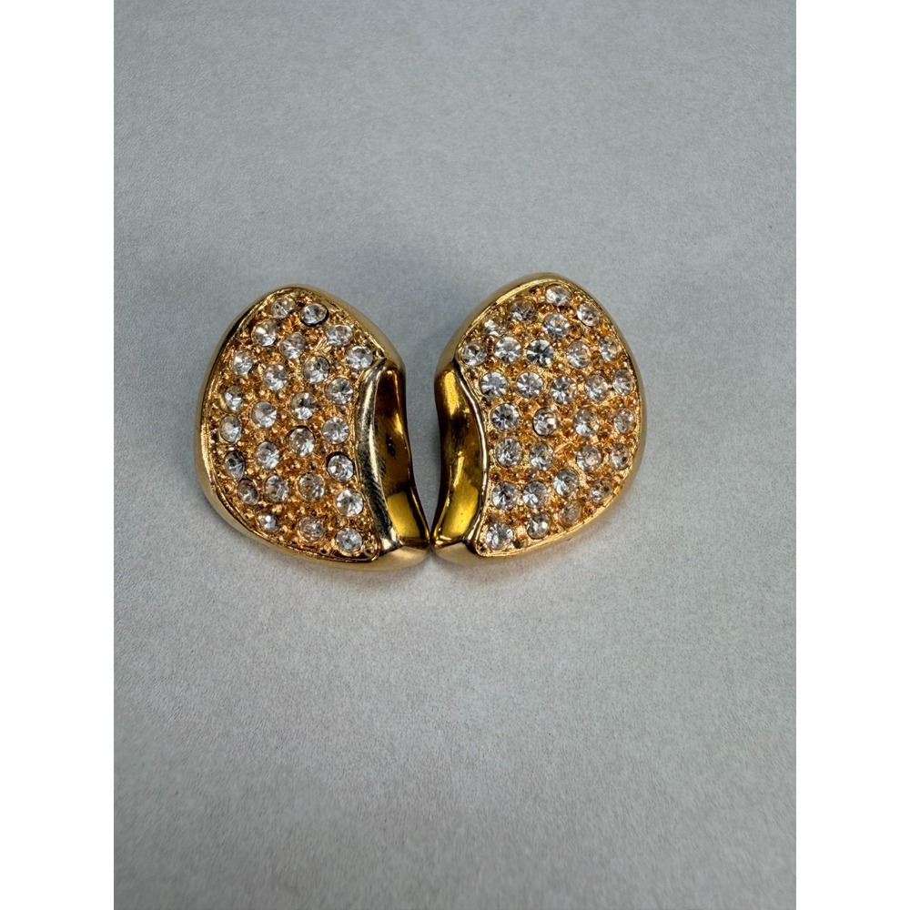 Vintage Blanca Gold Tone Crystal Rhinestone Bean Clip On Earrings 1980s Glamour